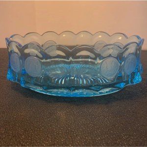 Vintage Fostoria American Glassware Blue Coin Oval Bowl 9"